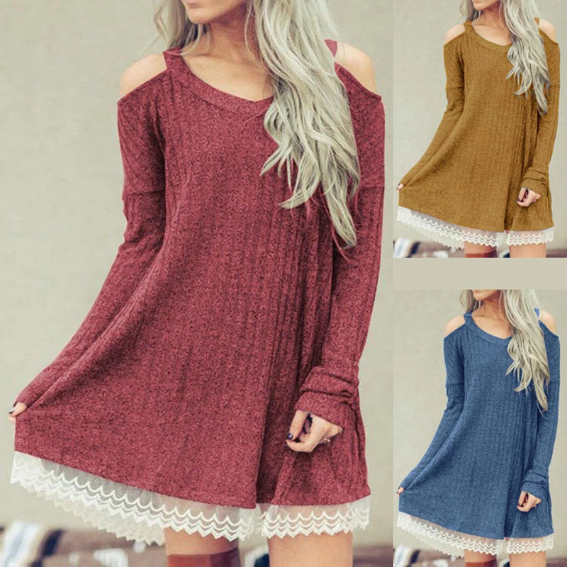 

Zoe Saldana Women Dress spring autumn fashion casual loose lace long-sleeve off-shoulder female dress