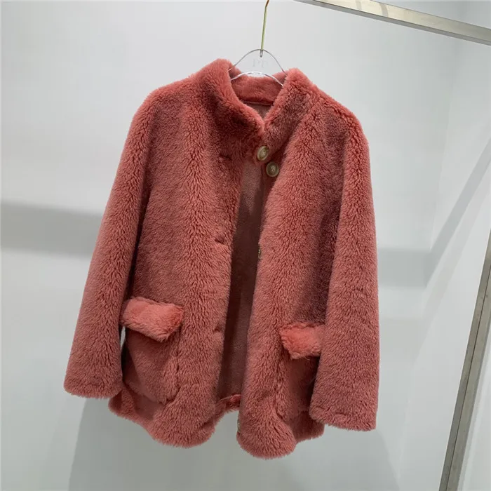Кораллово-Красный Большая женская теплая меховая куртка из овечьей шерсти, толстое стриженное пальто из овечьей шерсти, женское однотонное короткое зимнее пальто - Цвет: Кораллово-Красный