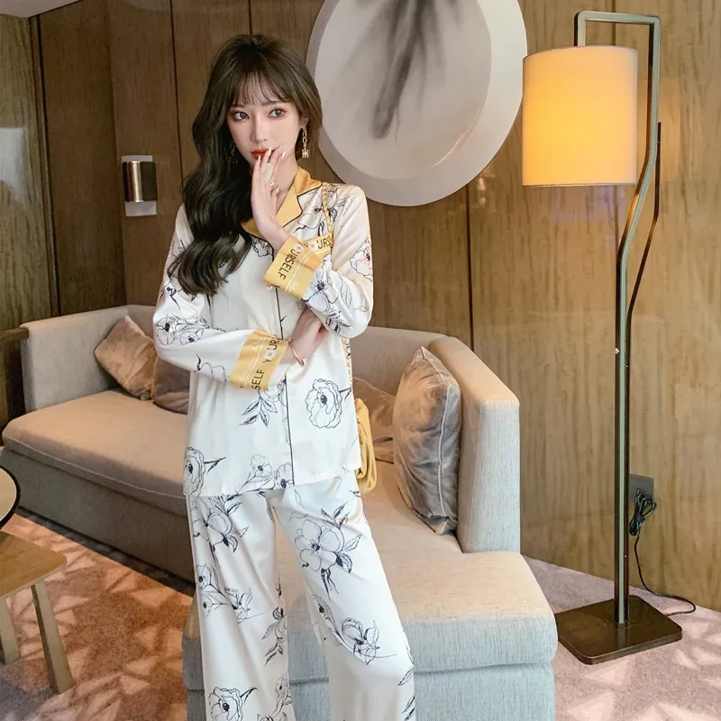 

Женские пижамные комплекты из 2 предметов, пижамный комплект с цветочным принтом, пикантная одежда для сна с отложным воротником, Женская Повседневная Домашняя одежда на весну и осень