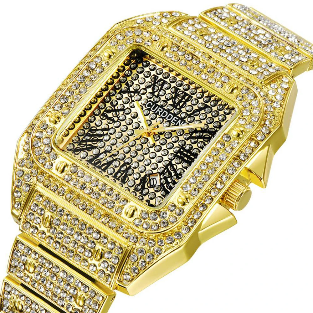 

Hip Hop Watches For Men Iced Out Diamond Quartz Wristwatch Gold Stainless Steel Band Waterproof Watch Male Clocks reloj hombre