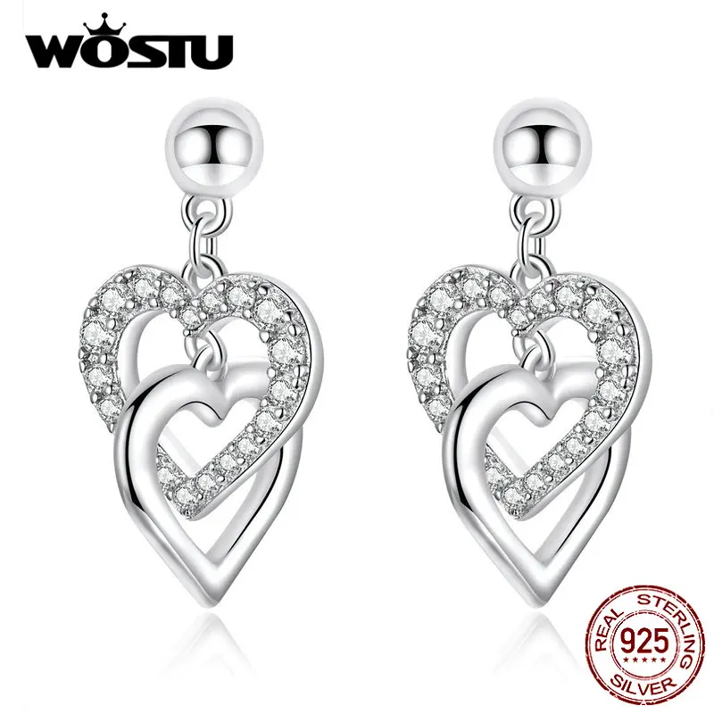 WOSTU, 925 пробы, серебряные, от сердца до сердца, висячие серьги, свадебные, циркон, висячие серьги для женщин, обручение, роскошные ювелирные изделия CQE732