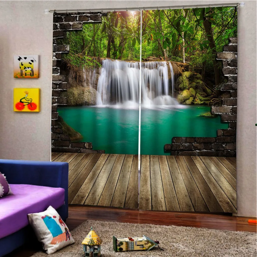 Waterfall Forest Brick Wall Photo Print Window 3D Curtain Blockout Drapes Fabric 