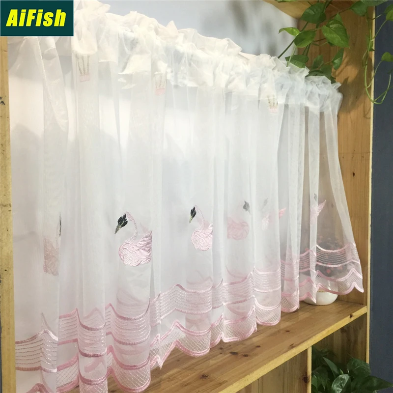 

Pink Cute Swan Gauze Bedroom Tulle Balcony Decorative Drapes White Embroidered Curtains Sheer Screens For Living Room M062-3