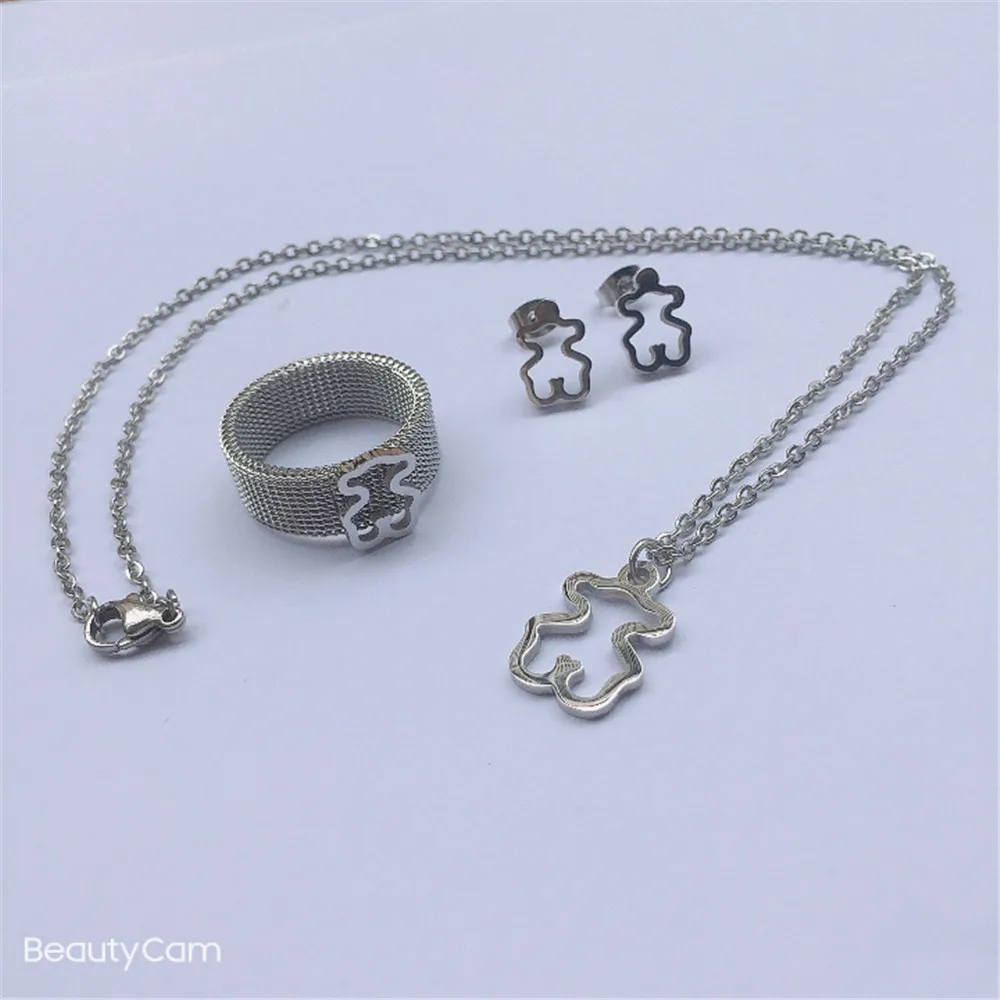 

bear jewelry set stainless steel ring earring necklace good option for gift or for girlfriend free shipping