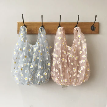 

Flower Women Mesh Bags Transparent Shopping Girls Travel Handbags Cute Flower Tulle Fruit Bag Purse Shopping Bag