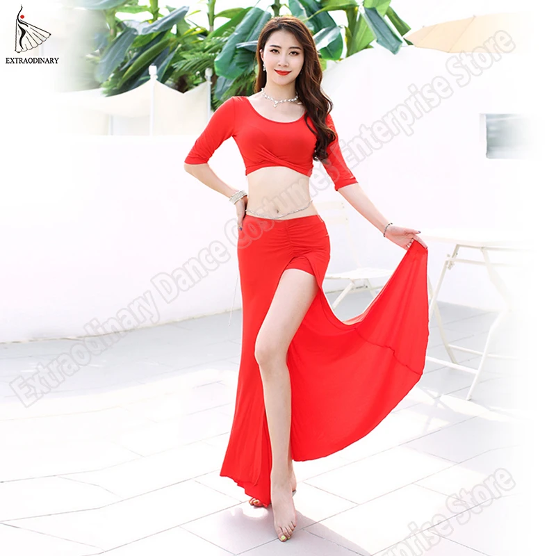 New Bellydance Top Skirt Practice Clothes Oriental Costumes Women Sexy Fashion Belly Dance Professional Top Skirts Split Set