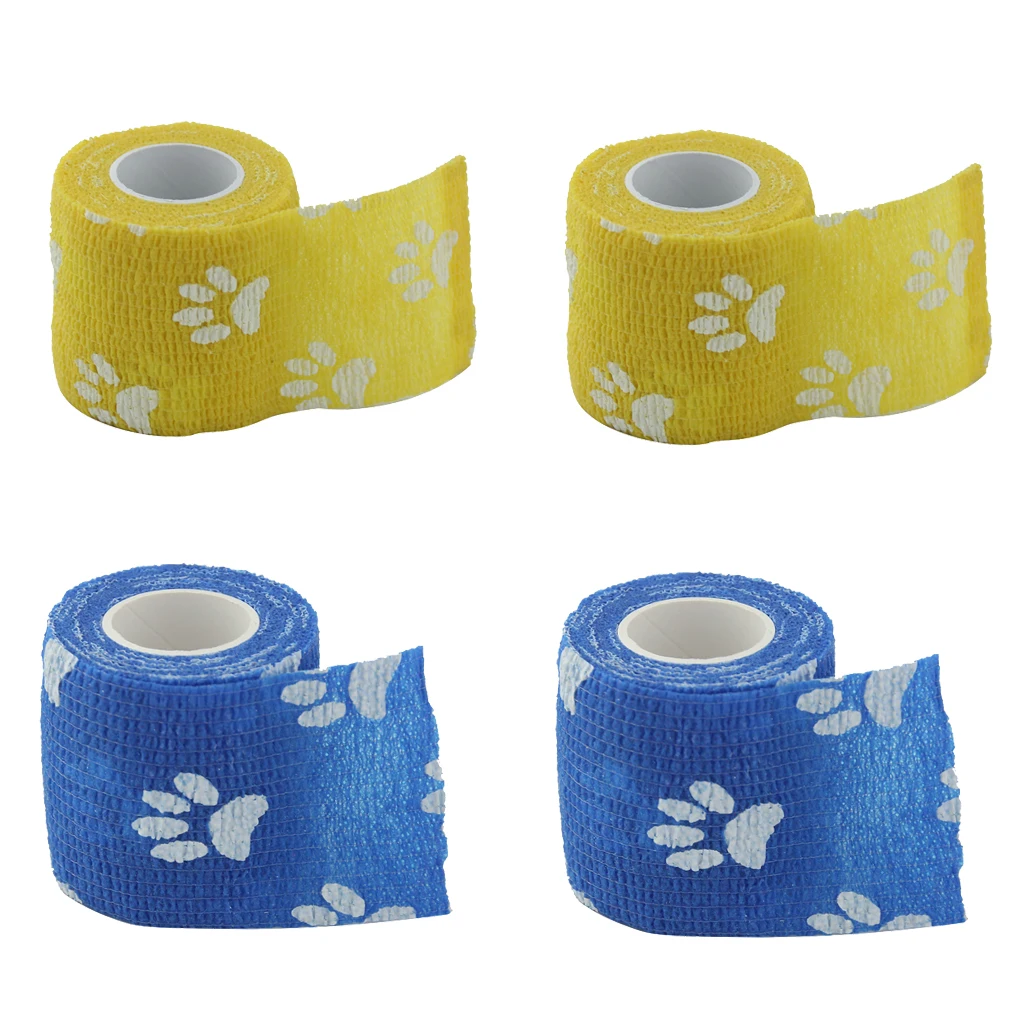 4 Rolls of Vet Wrap Bulk, Cute Paw Prints, Bandage Wrap Vet Tape - Waterproof & Self Adherent – Blue/Yellow