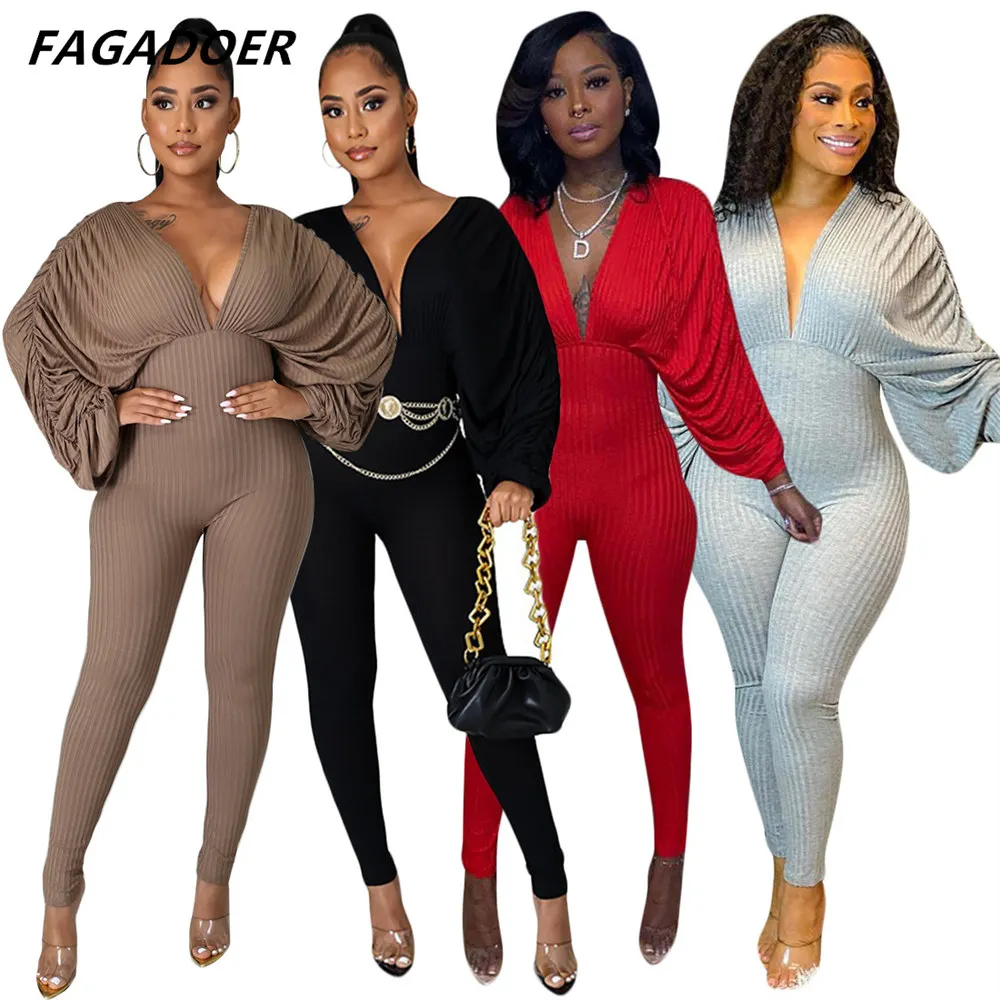 Fagadoer Sexy Bodycon Jumpsuits Women Deep V Backless Bodysuit Ruffles Ruched Full Sleeve Skinny Long Playsuits Clubwear