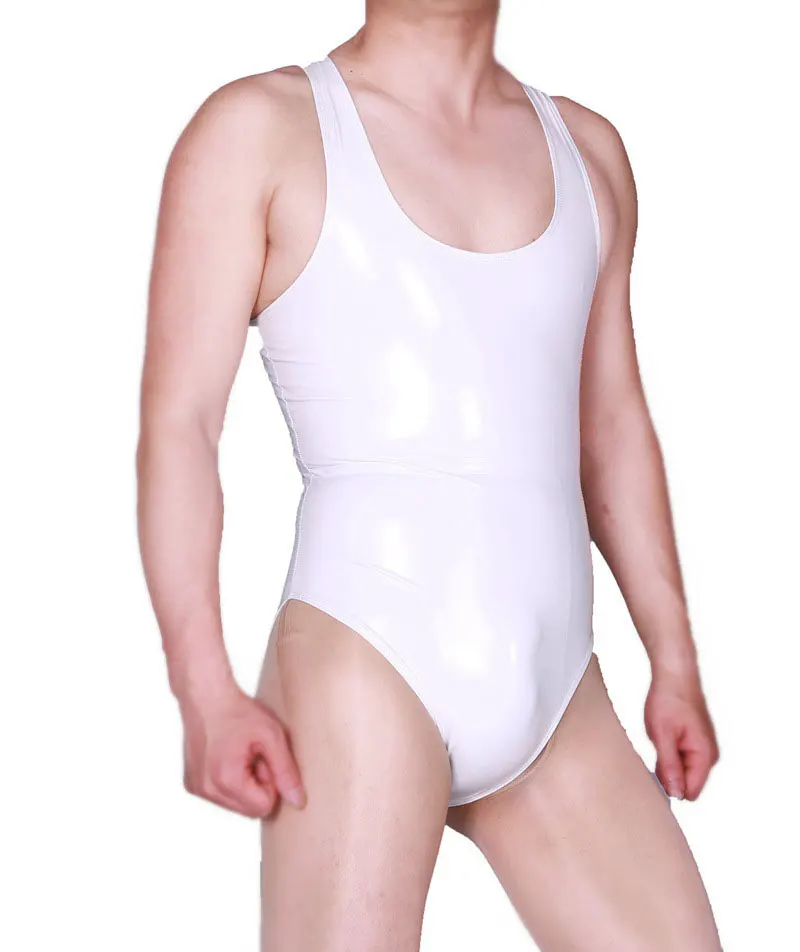 Sexy Men Latex PVC Shiny HIght Cut Bodysuit Cock Ring Sexy Tight High Elasticity Vest Bodysuit Black Bodywear Club Dance Wear F5