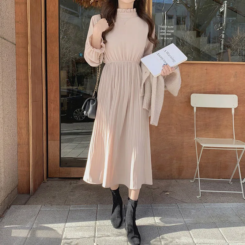 Elegant A-Line Pleated Elastic Waist Long Dress 2020 Summer Women Dress Sundress Vintage Flare Sleeve Chiffon Dress Female
