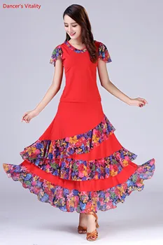 

Fashion New Ballroom Womens Clothes Large Swing Dress Color Dance Costumes Short Sleeve Modern Dance Set Free Shipping
