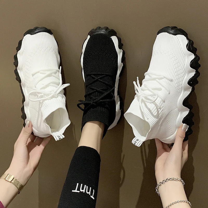 

Black White high top Knitted Stretch Fabric Sneakers Women Platform Sock sneakers Women Thick Sole Breathable Chunky Trainers