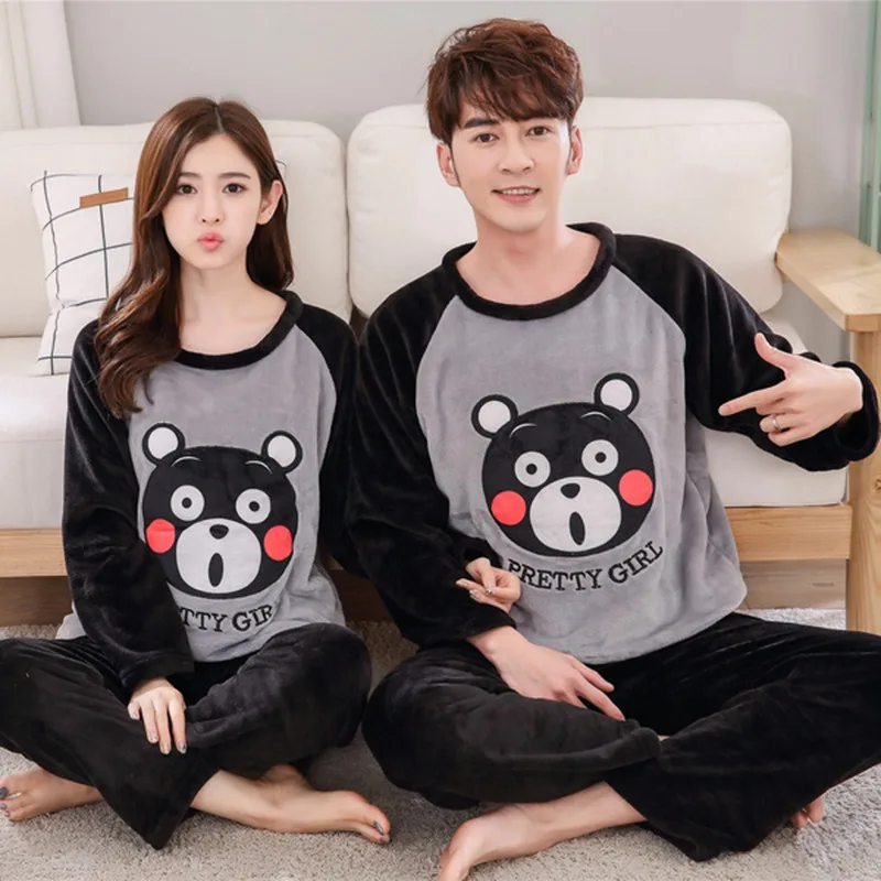 

2019 Winter Plus Size Couples Cute Cartoon Thick Warm Flannel Pajama Sets for Women Coral Velvet Sleepwear Men Homewear Clothes