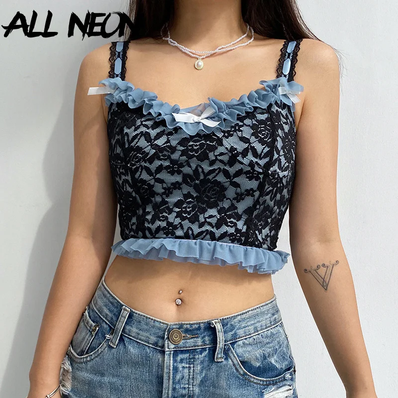 

ALLNeon Egirl Sweet Spaghetti Strap Patchwork Lace Trim Cami Tops Y2K Fashion V-neck Ruffles Backless Cropped Top Vintage Outfit