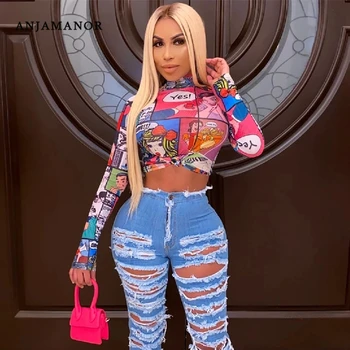

ANJAMANOR Cartoon Print Graphic T Shirts for Women Autumn Clothes 2020 Fashion Sexy Turtleneck Long Sleeve Crop Tops D42-BD13