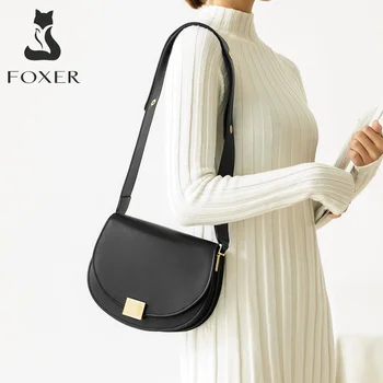 

FOXER Fashion Women Saddle Bag Cowhide Casual Shoulder Bag Half-round Designer Brand Lady Vintage Cross-body Bag Large Capacity