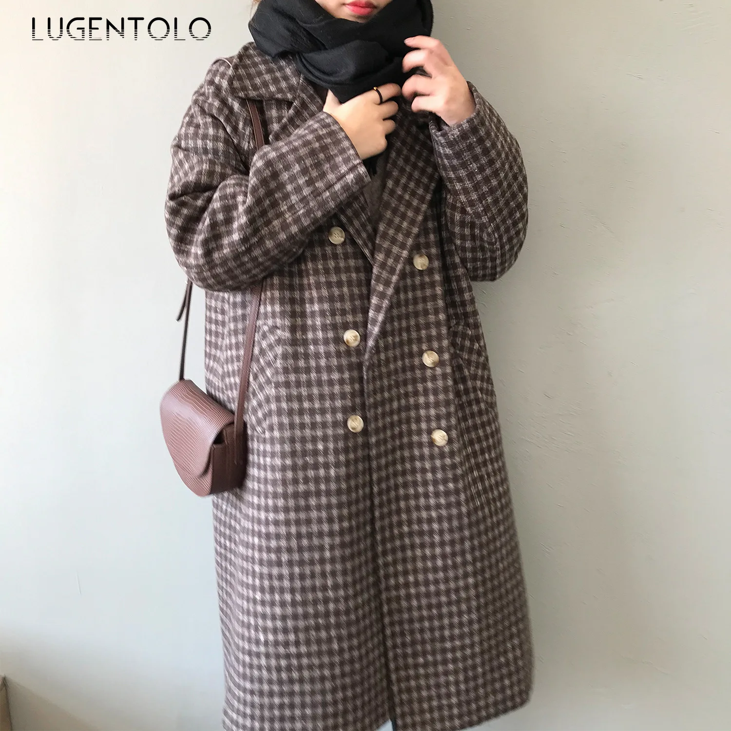 Lugentolo для женщин Шерсть Зима Caot Осень корейский утолщаются плед свободные средней длины отложной воротник теплые элегантные модные пальто