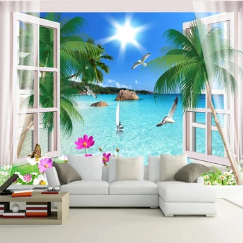 

Custom Beautiful Seascape 3D Photo Wallpaper Mediterranean Window Beach Landscape Living Room Sofa TV Backdrop Wall Paper Mural