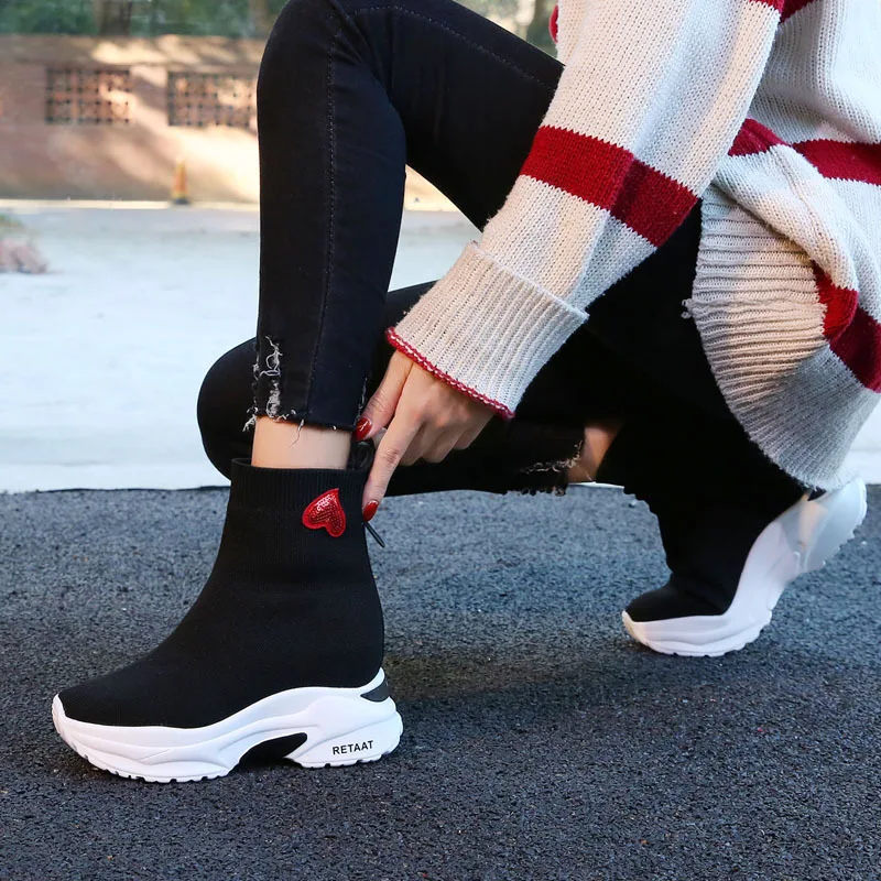 

Boots Women's Autumn And Winter New Style 2018 New Style in Elevator Shoes Short Boots Thick Bottomed Knitted Elasticity plus Ve
