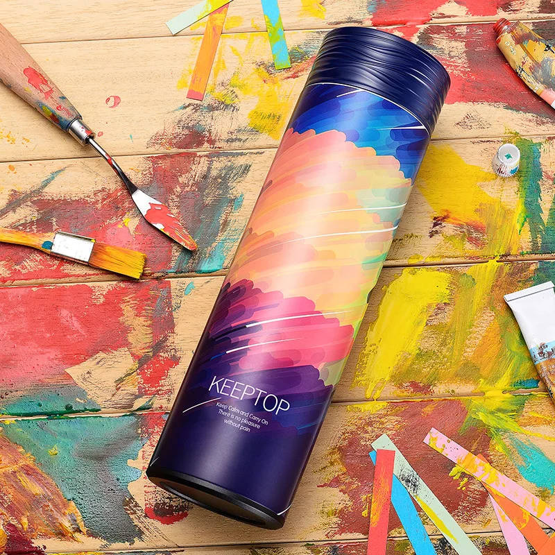 Watercolor Blue Дизайн вакуумные фляги из нержавеющей стали 500 мл термос чашка кофе чай молоко кружка для путешествий термобутылка подарки Термочашка - Цвет: Watercolor Blue