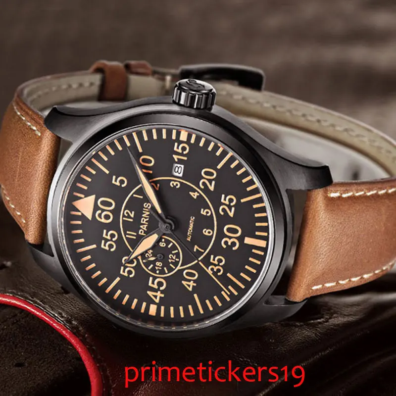 PARNIS men watch 44mm PVD coated case date sapphire glass automatic movement yellow hands