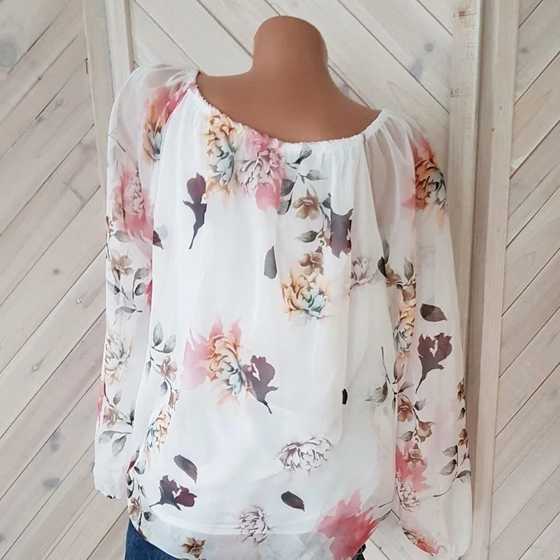 5XL de moda Floral impresión blusa de las mujeres largo de moda Tops blusa manga de encaje de hombro camisas Oficina dama camisa de las mujeres