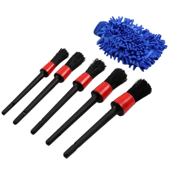 

6Pcs Car Detailing Detail Brush Kit Car Wash Mitt Boar Hair Brushes for Car Motorcycle Cleaning Wheels Engine Air Vents