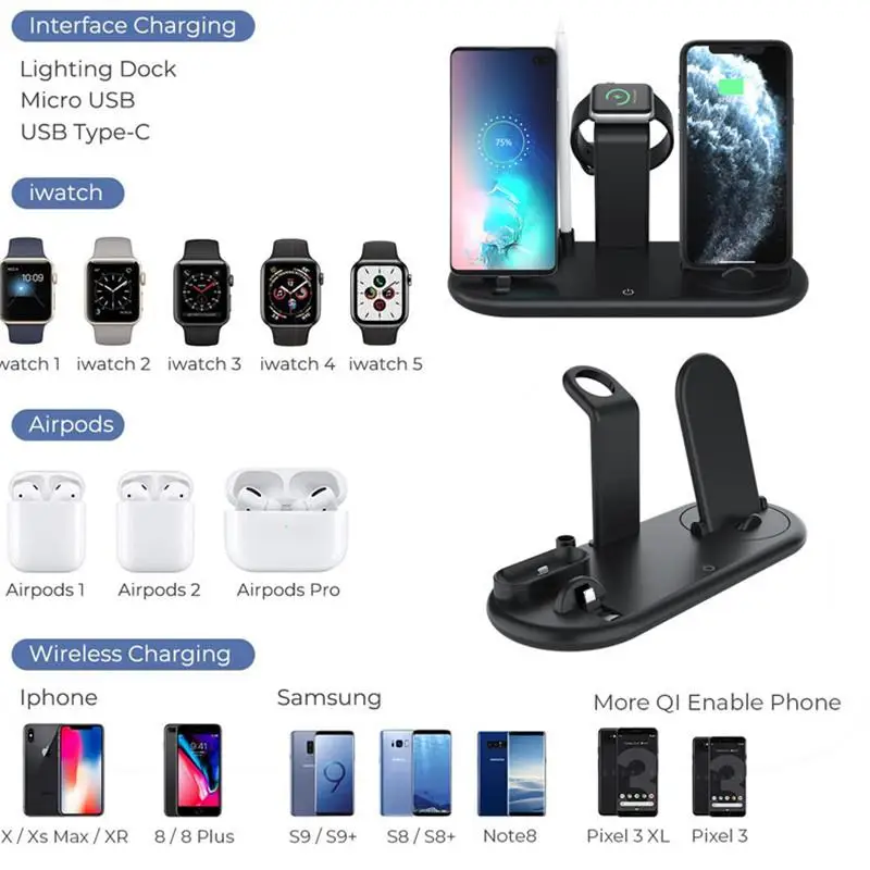 Беспроводная зарядная док станция 7 в 1 10 Вт Qi для iPhone XR XS Max X Apple Watch 5 4 3 AirPods ProCharger