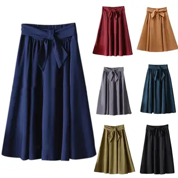 

New Summer Women Casual Solid Color Bow Belted High Waist Pleated A-line Midi Skirt