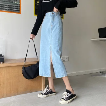 

Vintage High Waist Women's Midi Denim Skirts Solid Split Slim Lady A-line Skirt Summer Autumn Fashion Sweet Female Jeans Skirts