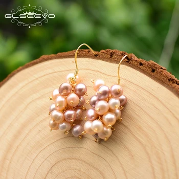 

GLSEEVO Natural Fresh Water Pink Purple Pearl For Women Party Wedding Grape Shape Drop Earrings Fashion Jewellery GE0740