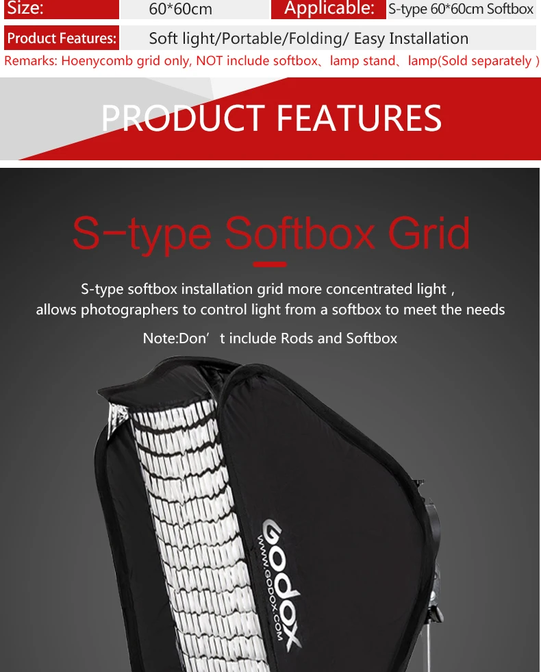 Godox сотовая Сетка 60*60 см 2" x 24" для Godox складной s-тип кронштейн софтбокс подходит для вспышки камеры(60*60 см Сетка только