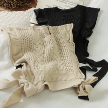 Милый вязаный крючком жилет с рюшами, Женский вязаный Топ, свитер Kawaii, Короткий стильный свитер, женский свитер