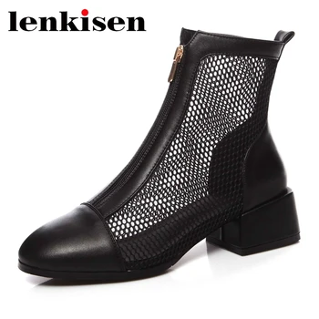 

Lenkisen 2020 fashion plus size air mesh breathable shoes women round toe med heel French romantic beauty lady summer boots L31