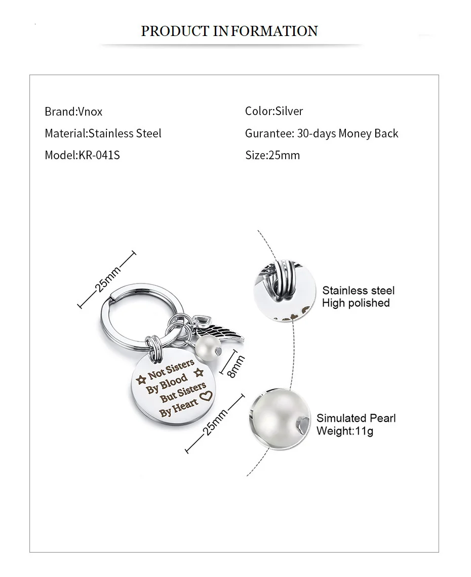 Vnox Inspiration Key Chains for Women To Sister Mom Family Gifts Stainless Steel Accessory