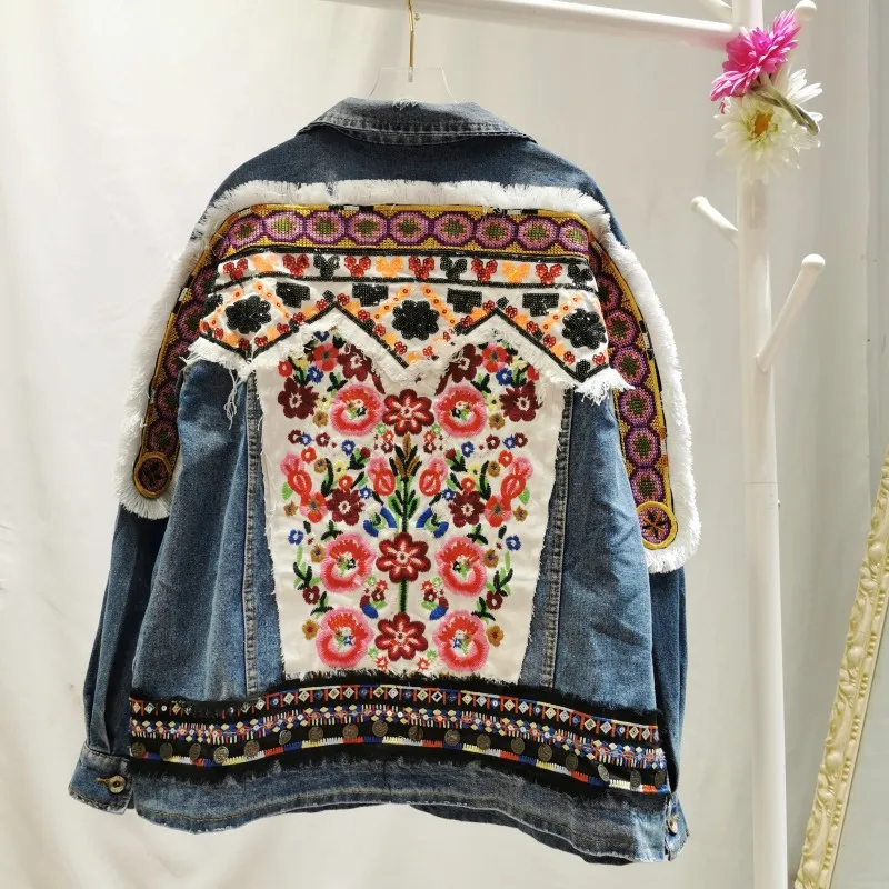 

2019 autumn new national style flower embroidery beaded sequins long-sleeved denim jacket female travel holiday