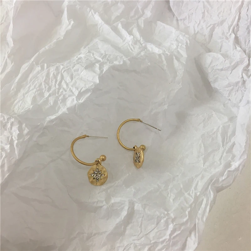 Dainty Opened Circle Crystal Star Hoop Earrings Round Coin Rhinestone Geometric Alloy Circle Earrings Women Girl Party Small