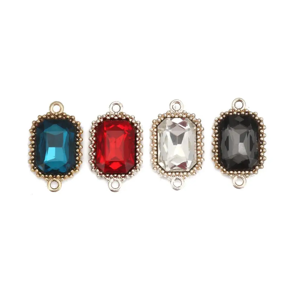 

8Seasons Fashion Zinc Based Alloy & Glass Connectors Rectangle Dark Gray Colorful Faceted Jewelry DIY Charms 24mm x 14mm, 5 PCs