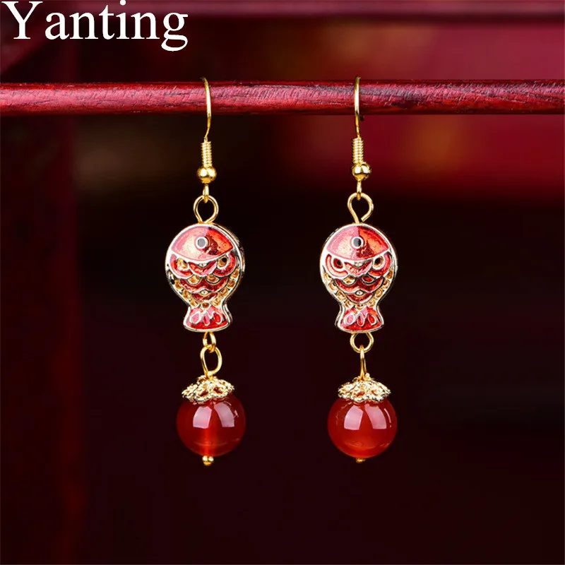 Yanting Винтажные серьги-рыбки из перегородчатой ткани с натуральным красным камнем, массивные серьги, подарки для женщин, этнические серьги-капли, Прямая поставка 048