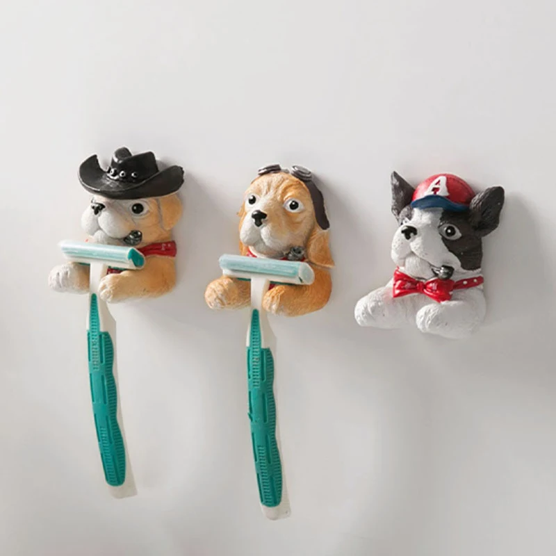 Cartoon Resin Dog Plug Rack Plug Bracket Bathroom Storage Razor Shelf Toothbrush Holder Wall-Mounted Sticky Hook Cute Hanger