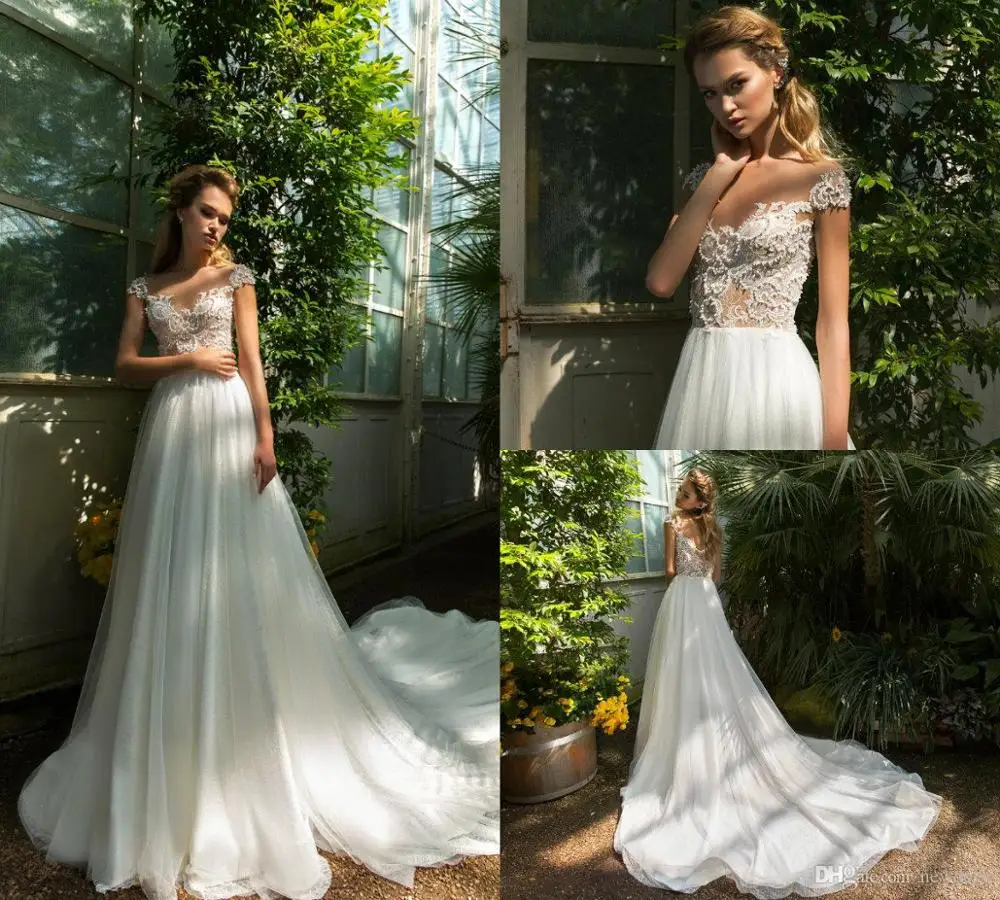 

3D-Floral Appliques Wedding Dresses Beads Dimitrius A Line Poet Short Sleeve Bridal Gowns Jewel Sheer Neck Wedding Dress