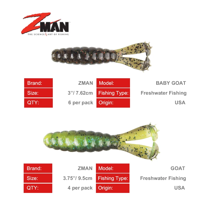 Original United States ZMAN BABY GOAT/GOAT Fishing Soft Lure Shrimp 6 or  4pcs/bag 6 Colors 7.6/9.5cm Baits 10X Tough Elaztech