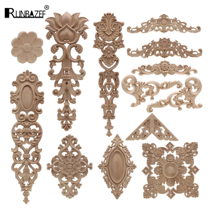

European Decoration Retro Natural Wood Applique Onlay Decal Rubber Figurines Floral Large Rose Crown Leaves Vintage Home Decor