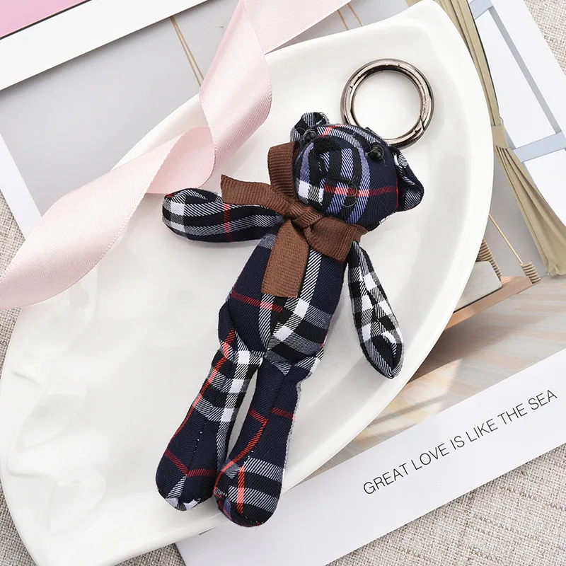 Fashion Cute Bear Keychain Cloth gingham Ornament Key Chain Key Ring Hold Jewelry for Women'sHand Bag Car Auto Pendant