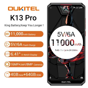 

OUKITEL K13 Pro Smartphone NFC Android 9.0 Fast Charge 11000mAh 6.41'' 4GB+64GB MT6762 Octa Core Face ID 5V/ 6A Mobile Phone