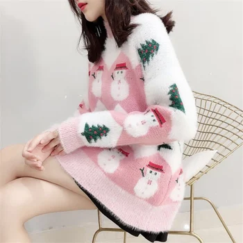 

Ellacey 2019 Autumn Winter New Female Christmas Sweater Snowman Mohair Plush Faux Cashmere Knitted Pullover Sweet Women Sweater