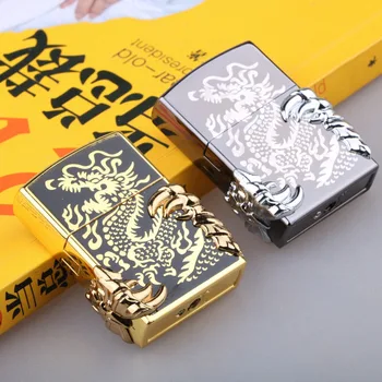 

Retro Golden Dragon Lighters Russia Emblem Metal Wheel Gas Cigarette Lighter Inflatable Butane Fire Smoker Best Gift