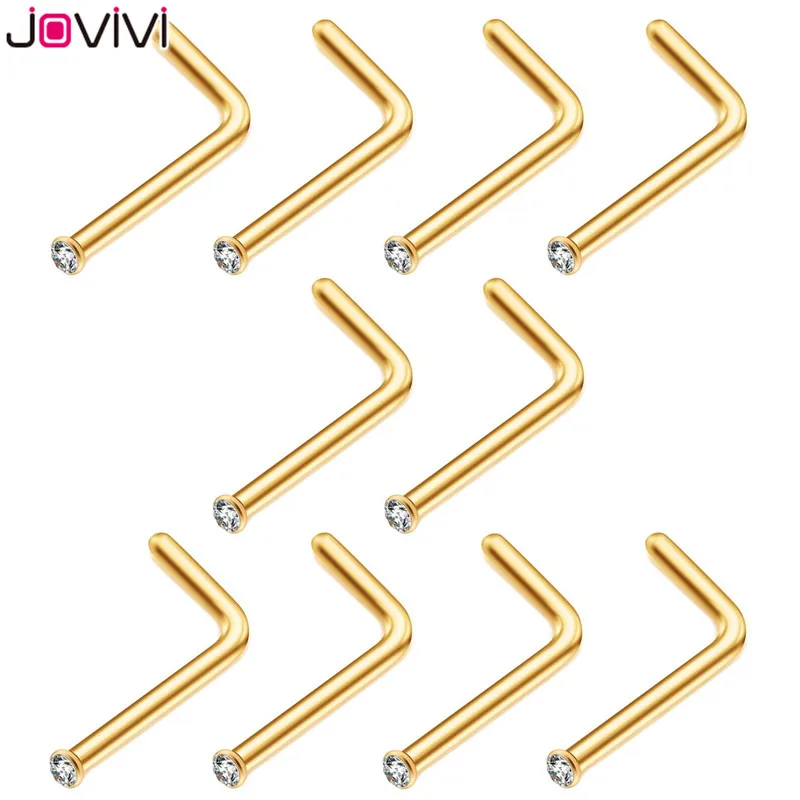 10pcs Gold JOVIVI 10 шт. нержавеющая сталь 1,5 мм страз 20 г серьги в нос, гвоздики кость ноздрил Pin L форма Бар пирсинг тела ювелирные изделия 4 цвета - Окраска металла: 10pcs Gold