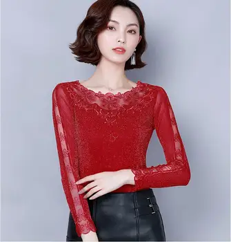 

High quality!Women's pure color soft elegant base shirt personality age reduction lace slim tops TB3708