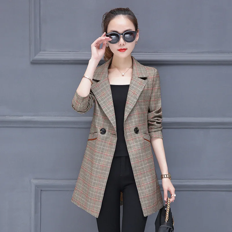 

Small Suit WOMEN'S Coat 2019 Spring And Autumn New Style Korean-style Mid-length Retro CHIC Plaid Suit Coat